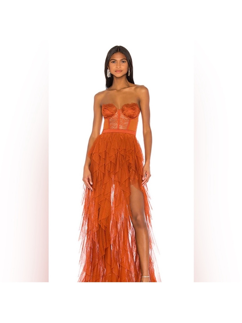 For Love & Lemons Rust Strapless Lace Bustier Gown x Revolve NWT